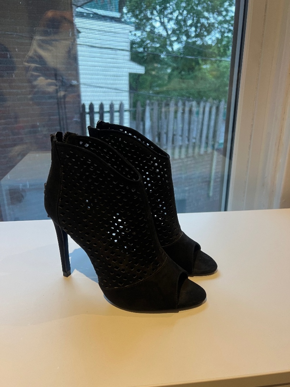 Suede Peep Toe Black Heels